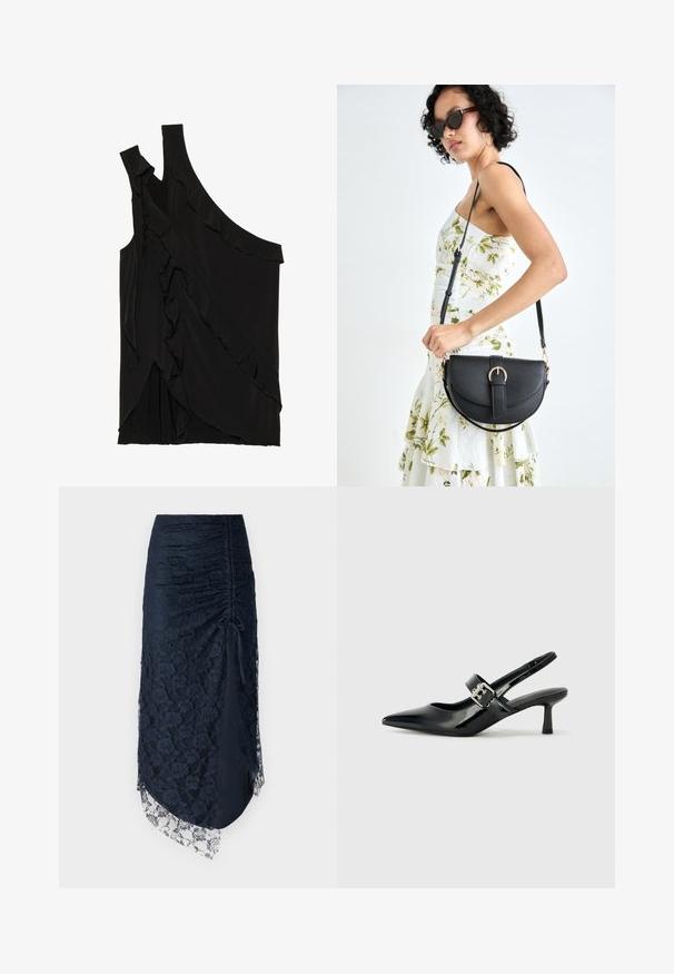 Asymetrický čierny top z jemnej tkaniny s volánmi po boku a jedným ramienkom. Hladká textúra s drapovanými dizajnovými prvkami.; Námornícky modrá čipkovaná sukňa s riaseným designom, asymetrickým lemom, kvetinovým vzorom a priehľadným čipkovým lemom na spodnej časti. Materiál sa zdá byť textúrovaný.; Čierne patentové kožené sandále na podpätku so špicatou špičkou a malým blokovým podpätkom, s dekoratívnou striebornou sponou na remienku.; Čierna kožená kabelka s zaobleným tvarom, odnímateľným popruhom a zlatými doplnkami. Kabelka má klopu s detailom s prackou.