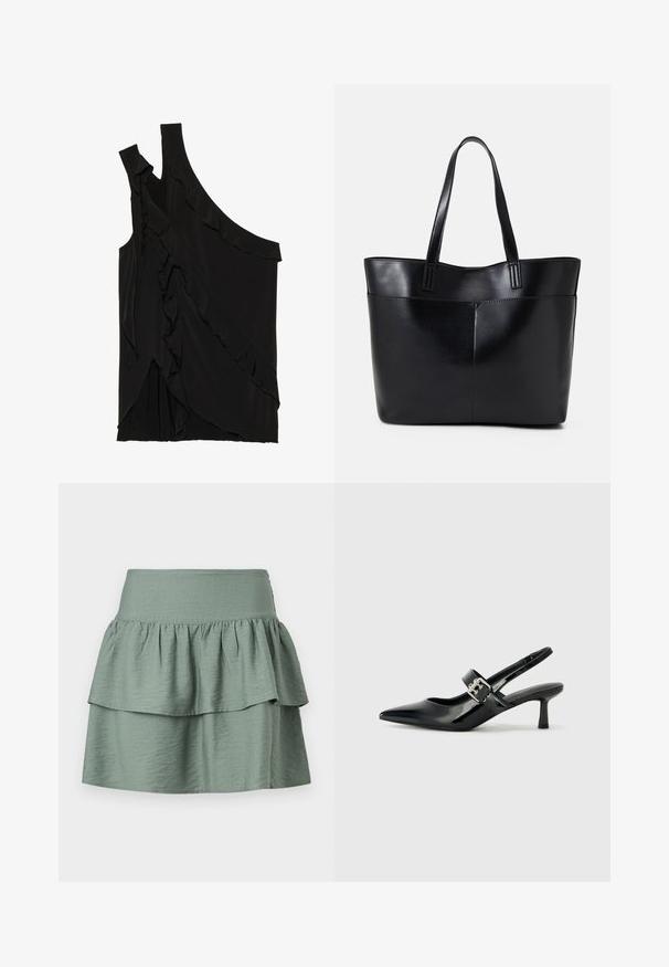 Ebaasne must ülasärk pehmest kangast, rippuvate frillide ja ühe rihmaga. Sile tekstuur, millel on drapeeritud disainielemendid.; Pehme roheline seelik, millel on kihiline disain ja rippuv ääres, valmistatud kerge materjali abil, mugavuse tagamiseks elastse vööga.; Mustad patenteeritud nahast sildiga kontsad, millel on terav nina ja väike plokk-konts, mille rihmal on hõbedane pandla aksessuaar.; Must mustaga musta nahast, millel on kaks pikka kanda, sile tekstuur ja struktureeritud kuju. Esipoolsel on lisakoti jaoks tasku.