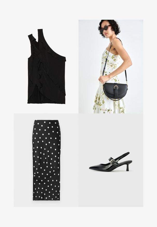 Asimetrisks melns tops no mīksta auduma ar volāniem pa sāniem un vienu siksniņu. Gluda tekstūra ar slīdoša dizaina elementiem.; Melna svārki ar baltām pumpiņām, izgatavoti no gludas auduma. Ir taisns dizains, ceļgalu garuma griezums un elastīga josta.; Melnas lakotas ādas sūkņa kurpes ar norādītu purngali un mazu bloku papēdi, ar sudraba sprādzi akcentā uz jostas.; Melnas ādas rokassoma ar izliekta formu, noņemamu siksnu un zelta aksesuāriem. Somai ir vāciņš ar sprādzes detaļu.