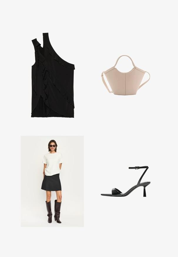 Asymetryczny czarny top z miękkiego materiału, z falbanami po boku i jednym ramiączkiem. Gładka tekstura z elementami drapowania.; Biała bluzka z krótkim rękawem w połączeniu z czarną mini spódnicą w kształcie dzwonu oraz błyszczącymi ciemnobrązowymi kozakami do kolan. Całość charakteryzuje się czystymi liniami i teksturami.; Bershka - Sandały na obcasie; Beżowa skórzana torebka o unikalnym kształcie, z dwoma krótkimi uchwytami i długim, regulowanym paskiem. Gładka tekstura z minimalną ilością elementów metalowych.