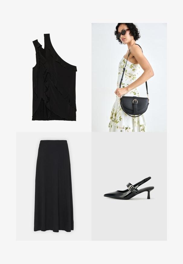 Asymetrický čierny top z jemnej tkaniny s volánmi po boku a jedným ramienkom. Hladká textúra s drapovanými dizajnovými prvkami.; Maxi sukňa v jednobarevnej čiernej farbe. Rozšírený strih s hladkou textúrou a elastickým pásom. Žiadne viditeľné vzory alebo akcenty.; Čierne patentové kožené sandále na podpätku so špicatou špičkou a malým blokovým podpätkom, s dekoratívnou striebornou sponou na remienku.; Čierna kožená kabelka s zaobleným tvarom, odnímateľným popruhom a zlatými doplnkami. Kabelka má klopu s detailom s prackou.