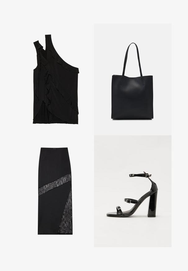 Top preto assimétrico em tecido suave, apresentando folhos ao longo do lado e uma única alça. Textura lisa com elementos de design drapeado.; Saia midi preta com design geométrico, inserções de renda texturizada, tecido estruturado e silhueta elegante.; Sandálias de tacão preto laqueadas com bico quadrado, tiras para o tornozelo e fivelas prateadas. Apresentam um salto bloco chunky para estabilidade.; Bolsa tote preta em couro com textura lisa, forma retangular e duas alças longas. Sem hardware ou enfeites visíveis.