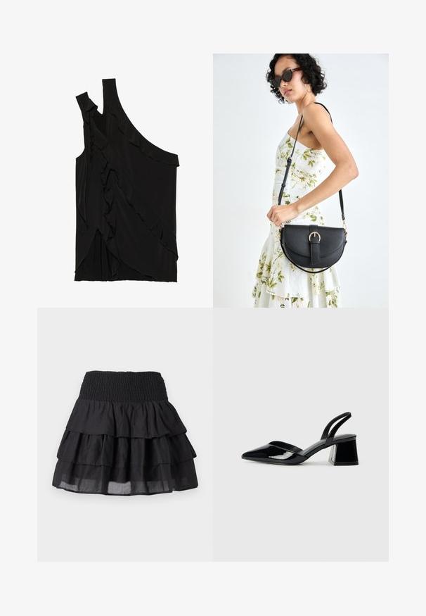 Top preto assimétrico em tecido suave, apresentando folhos ao longo do lado e uma única alça. Textura lisa com elementos de design drapeado.; Saia preta em camadas com uma cintura franzida. Apresenta três camadas de babados e um tecido leve para uma aparência fluida.; Sandy em verniz preto com salto slingback, ponta afilada e salto geométrico. Apresenta um design elegante e minimalista com textura suave.; Bolsa de couro preta com forma curva, alça destacável e detalhes em dourado. A bolsa possui uma aba com detalhe de fivela.