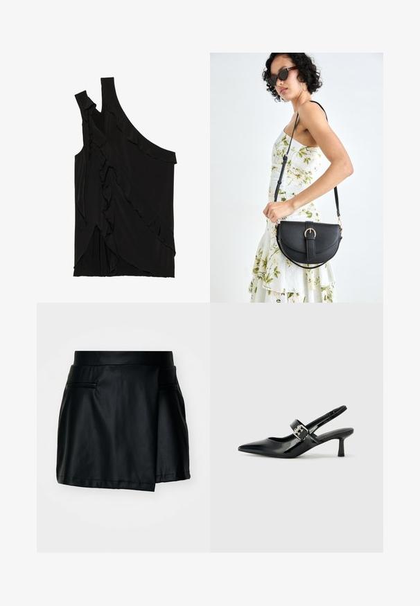 Asimetriška juoda palaidinė iš minkštos medžiagos, pasižyminti volanais šone ir viena petneša. Lygi tekstūra su švelniais drapiruotais elementais.; Juodas dirbtinės odos mini sijonas su prigludusia juosmeniu, lygiu paviršiumi ir dviem priekinėmis kišenėmis. Sijonas turi švelnią uždengimo dizaino detalę.; Juodai lakuoti slingback aukštakulniai su smailiu kojų pirštu ir mažais blokiniais kulniukais, su sidabro sagtimi ant dirželio.; Juodas odinis krepšys su išlenkta forma, nuimamu dirželiu ir auksiniais detalėmis. Krepšys turi kilpą su sagtimi.