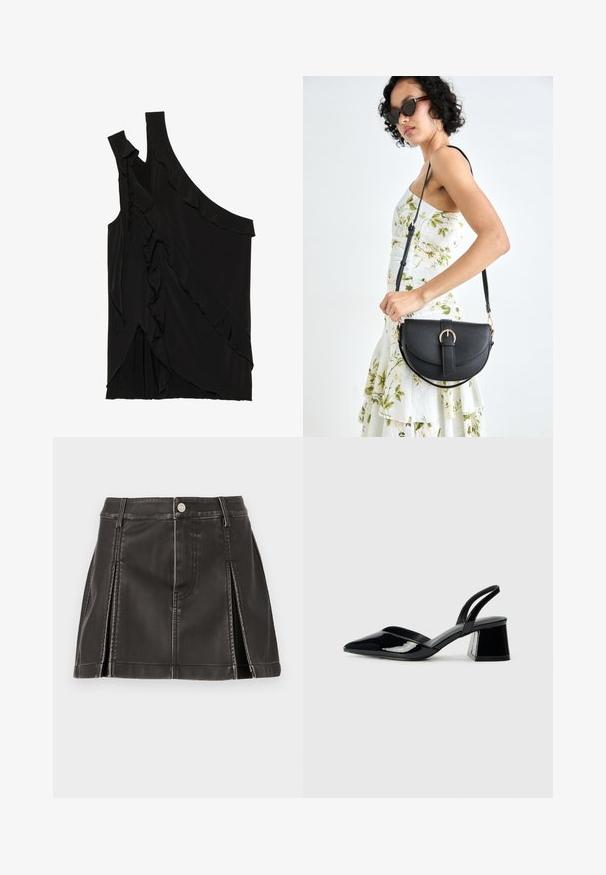 Asymmetrisk svart topp i myk stoff med volanger langs siden og en enkelt stropp. Glatt tekstur med draperte designelementer.; Musta tekonahkahame, jossa on korkea vyötärö, ommeltuja yksityiskohtia ja sivutaskut. Edessä metallinappikiinnitys.; Mustat patentoitu nahkakengät, joissa on säären takaosa ja terävä kärki, sekä geometrinen palikkakorko. Sisältää tyylikkään, minimalistisen muotoilun ja sileän pinnan.; Musta nahkainen käsilaukku, joka on kaareva muotoilultaan, irrotettavalla hihnalla ja kultaisilla yksityiskohdilla. Laukussa on läppä, jossa on solk yksityiskohta.
