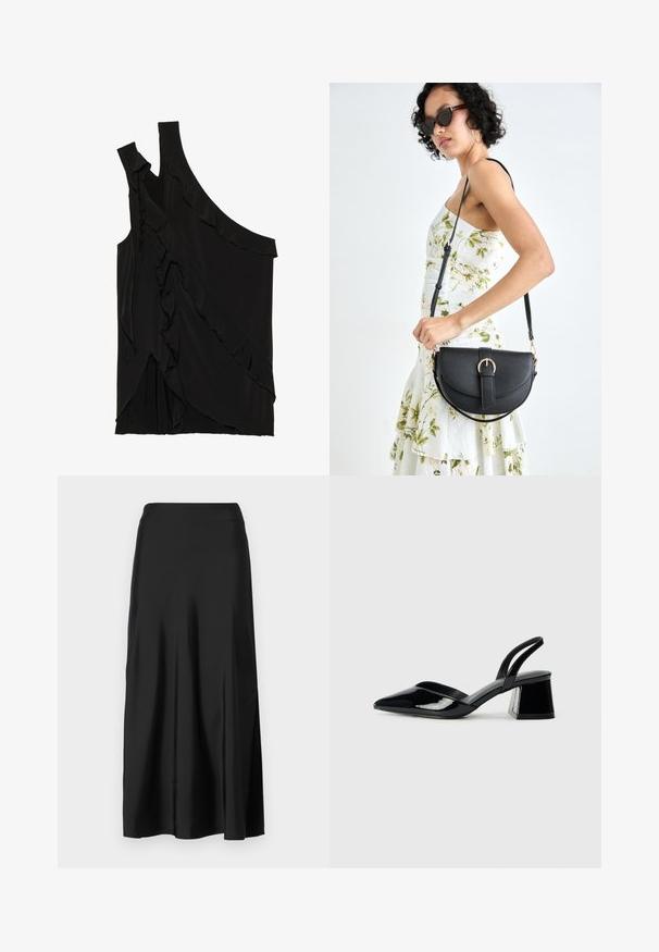 Asymmetrisk sort top i blødt stof med flæser langs siden og en enkelt strop. Glat tekstur med draperede designelementer.; GAP PULL ON SKIRT - Maxinederdele - black; Sorte patentlæder slingback hæle med spids tå og en geometrisk blok hæl. Har et elegant, minimalistisk design og en glat tekstur.; Sort læderhåndtaske med en buet form, aftagelig rem og guldfinish. Tasken har en klap med en spænde detalje.