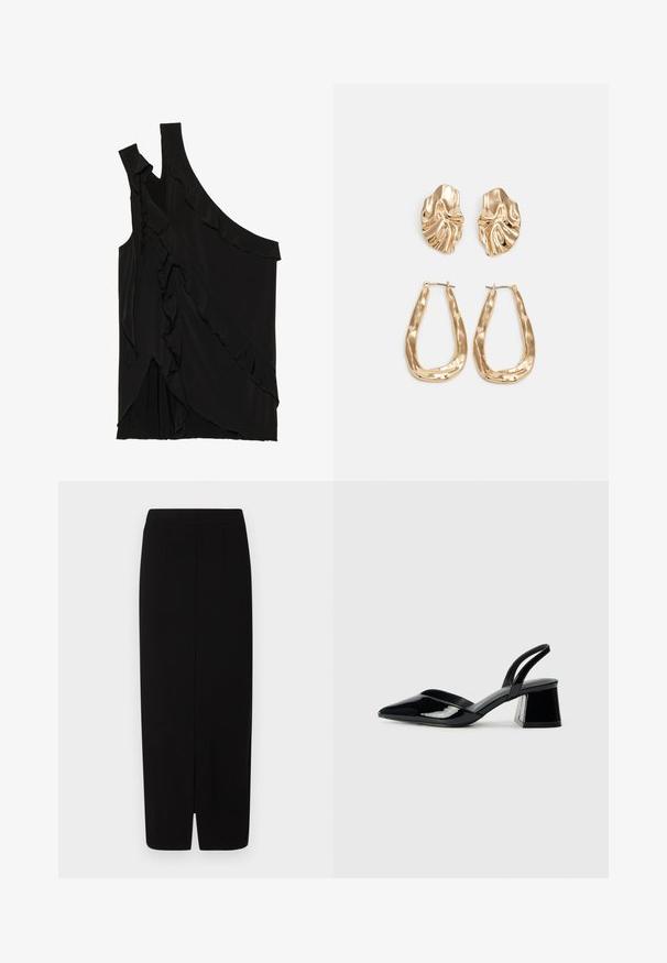 Top asimmetrico nero in morbido tessuto con rouches lungo il lato e una spallina. Texture liscia con elementi di design drappeggiati.; Gonna nera a matita realizzata in tessuto liscio, caratterizzata da vita alta, due pince frontali e uno spacco all'orlo per facilitare i movimenti.; Décolleté in vernice nera con punta affusolata e tacco in geometria cubica. Presentano un design elegante e minimalista, con una texture liscia.; Orecchini in tono oro caratterizzati da forme ondulate eTexture. Comprendono chiusure clip-on scultoree e un design a cerchio aperto con finitura martellata.
