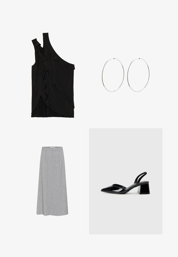 Asymmetrisk sort top i blødt stof med flæser langs siden og en enkelt strop. Glat tekstur med draperede designelementer.; Grå knælang nederdel med en glat tekstur og subtil melange mønster. Har en flad front med plisseringer og en skræddersyet talje.; Sorte patentlæder slingback hæle med spids tå og en geometrisk blok hæl. Har et elegant, minimalistisk design og en glat tekstur.; Sølvøreringe med en glat, rund design og en poleret overflade. De er tynde og lette, og har en simpel lås.