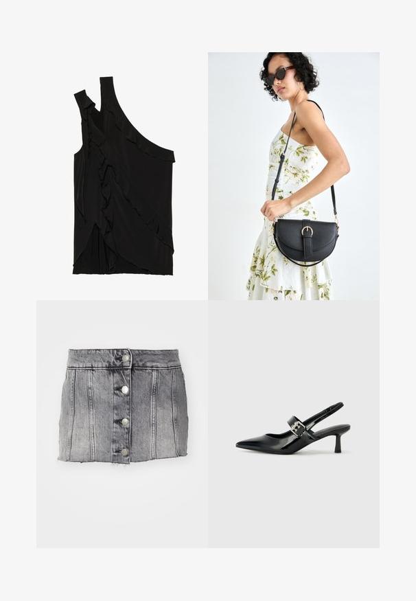 Asymmetrical black top in soft fabric featuring ruffles along the side and a single strap. Smooth texture with draped design elements.; Gray denim skirt with a high waist, five silver buttons, vertical stitching, and raw hem. Has a fitted silhouette and a soft texture.; Black patent leather slingback heels with a pointed toe and a small block heel, featuring a silver buckle accent on the strap.; Black leather handbag with a curved shape, detachable strap, and gold hardware. The bag features a flap with a buckle detail.
