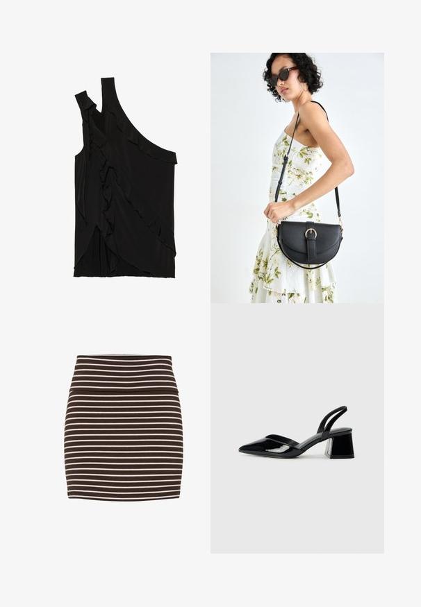 Asymmetrisk svart topp i mjukt tyg med volanger längs sidan och en ensam axelrem. Slät yta med draperade designelement.; Brun- och vitrandig mini kjol gjord av mjukt tyg, med en skräddarsydd design och bred midjeband. Slät textur utan synlig hårdvara.; Svarta lackläder slingback klackar med spetsig tå och geometrisk klack. Har en elegant, minimalistisk design och slät yta.; Svart läderhandväska med en böjd form, avtagbar rem och guldiga detaljer. Väskan har ett lock med en spänndetalj.