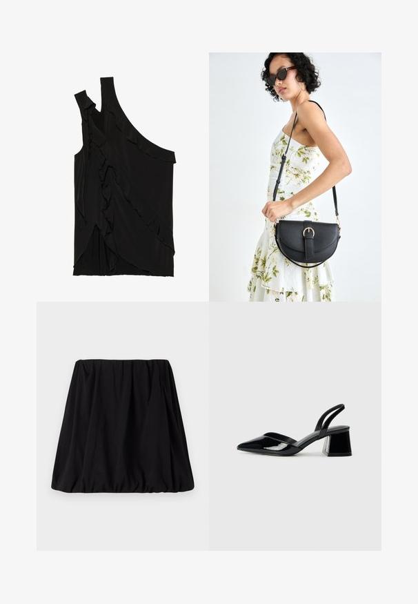 Asimetrisks melns tops no mīksta auduma ar volāniem pa sāniem un vienu siksniņu. Gluda tekstūra ar slīdoša dizaina elementiem.; Melnas, sakrautas svārkas, izgatavotas no mīksta auduma, ar elastīgu jostu un apjomīgu siluetu. Nav redzamu rakstu vai akcentu.; Melna lakota āda ar atvērto papēdi, ar smailu purngalu un ģeometrisku blokpapēdi. Iezīmējas elegants, minimāls dizains un gluda tekstūra.; Melnas ādas rokassoma ar izliekta formu, noņemamu siksnu un zelta aksesuāriem. Somai ir vāciņš ar sprādzes detaļu.