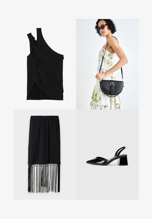 Top negru asimetric dintr-un material moale, cu volane pe o parte și un singur bretele. Textură netedă cu elemente de design drapat.; Fustă neagră cu talie elastică și margine franjurată. Franjurile sunt realizate din sfori subțiri, adăugând textură și detalii designului.; Pantofi cu toc slingback din piele lacuită neagră, cu vârf ascuțit și toc geometric. Prezintă un design elegant, minimalist și o textură netedă.; Geantă din piele neagră, cu o formă curbată, curea detașabilă și accesorii aurii. Geanta are un capac cu un detaliu tip cataramă.