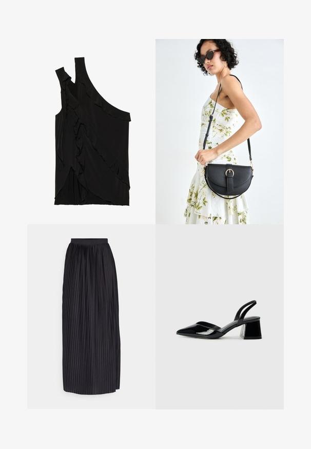 Asimetriška juoda palaidinė iš minkštos medžiagos, pasižyminti volanais šone ir viena petneša. Lygi tekstūra su švelniais drapiruotais elementais.; Juoda plisuota maxi sijonas su tekstūruotu audiniu, turintis platų juosmenį ir vertikalias plisytes, siekiančias iki apatinio krašto.; Juodos lakuotos odinės šlepetės su smailiu pirštu ir geometriniu bloko kulnu. Turi elegantišką, minimalistinį dizainą ir lygų paviršių.; Juodas odinis krepšys su išlenkta forma, nuimamu dirželiu ir auksiniais detalėmis. Krepšys turi kilpą su sagtimi.