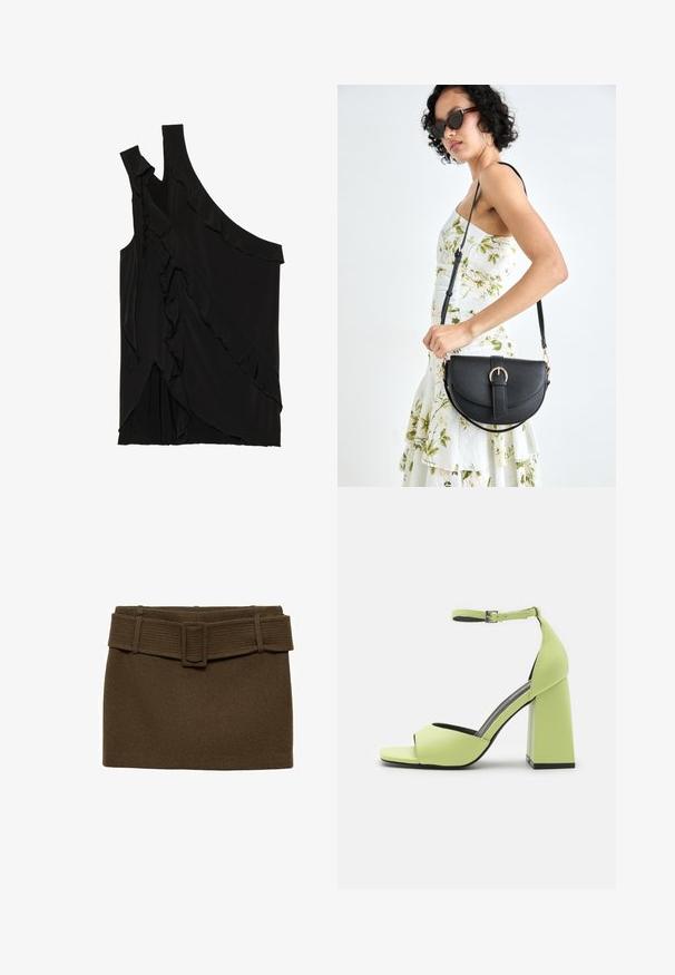 Asymmetrisk svart topp i mjukt tyg med volanger längs sidan och en ensam axelrem. Slät yta med draperade designelement.; Brun ullkort kjol med ett brett ribbat bälte med en rektangulär spänne, strukturerad form och slät textur.; Even&Odd Sandaletter - light green; Svart läderhandväska med en böjd form, avtagbar rem och guldiga detaljer. Väskan har ett lock med en spänndetalj.