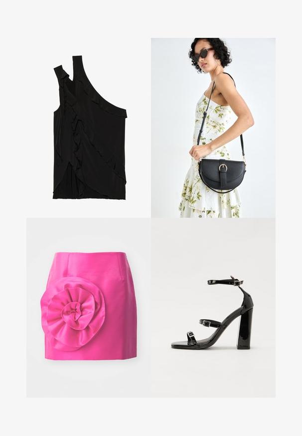 Asimetrisks melns tops no mīksta auduma ar volāniem pa sāniem un vienu siksniņu. Gluda tekstūra ar slīdoša dizaina elementiem.; Rozā satīna svārki ar pieguļošu dizainu un lielu, teksturētu ziedu akcentu kreisajā pusē. Gluda virsma ar spīdīgu apdari.; Melni lakoti augstpapēžu sandales ar divām sprādzēm, kvadrātveida purngalu un masīvu papēdi, ar gludu, spīdīgu virsmu.; Melnas ādas rokassoma ar izliekta formu, noņemamu siksnu un zelta aksesuāriem. Somai ir vāciņš ar sprādzes detaļu.