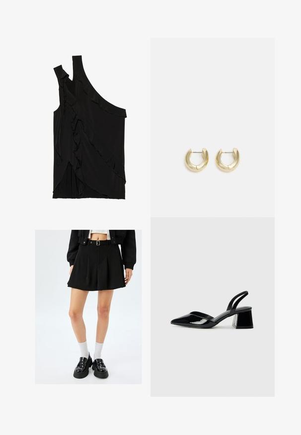 Asymmetrisches schwarzes Oberteil aus weichem Stoff mit Rüschen an der Seite und einem einzigen Träger. Glatte Textur mit drapierten Designelementen.; Schwarzer, plissierter Minirock mit einem Gürtel, aus glattem Stoff. Getragen mit Lacklederloafers und weißen Kniestrümpfen.; Schwarze Lackleder-Slingback-High Heels mit spitzem Schuh und einem geometrischen Blockabsatz. Verfügt über ein schlankes, minimalistisches Design und eine glatte Textur.; Goldfarbene Creolen mit einer glatten, polierten Oberfläche. Sie haben eine halbkreisförmige Form und einen sicheren Stiftverschluss.