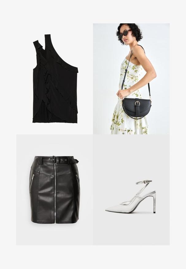 Ujevn svart topp i myk stoff med volanger langs siden og en enkelt stropp. Jevn tekstur med drapert design.; Svart lær mini skjørt med en tett passform, utstyrt med glidelås foran, to sidelommer og et belte med spenne. Glatt tekstur.; Klare stiletthæl sko med spids tå, gennemsigtigt materiale, metallisk sølvdetaljer og justerbar ankelrem.; Svart lærveske med en buet form, avtagbar stropp og gullbeslag. Vesken har et klaff med spenne-detall.; Sølv hjerteformede øredobber har fasetterte klare steiner med en teksturert ramme. Sett inkluderer både stud- og hengende stiler.