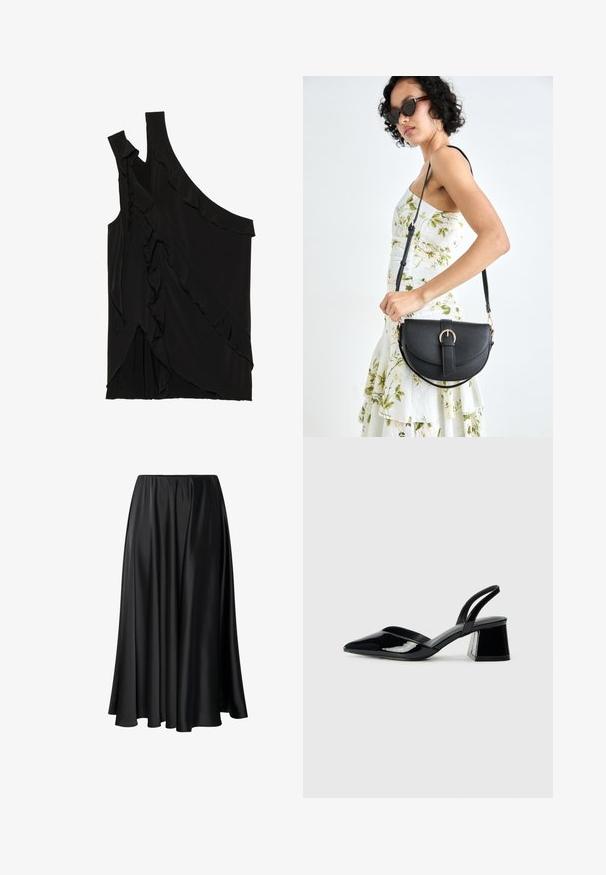 Top negru asimetric dintr-un material moale, cu volane pe o parte și un singur bretele. Textură netedă cu elemente de design drapat.; Fustă maxi neagră dintr-un material neted, cu un brau elastic, siluetă amplă și tiv fluid, fără modele sau detalii vizibile.; Pantofi cu toc slingback din piele lacuită neagră, cu vârf ascuțit și toc geometric. Prezintă un design elegant, minimalist și o textură netedă.; Geantă din piele neagră, cu o formă curbată, curea detașabilă și accesorii aurii. Geanta are un capac cu un detaliu tip cataramă.