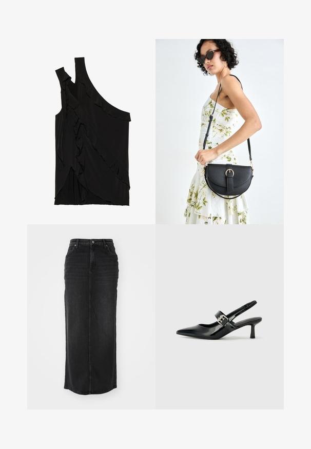 Asimetrična crna majica od mekog materijala s volanima sa strane i jednim remenom. Glatka tekstura s drapiranim dizajnerskim elementima.; Crna traper maxi suknja ravnog kroja, s mid-rise strukom, prednjim džepovima i vidljivim šavovima duž šavova.; Crne lakirane slingback potpetice s oštrim prstom i malom blok petom, s naglaskom na srebrnoj kopči na remenu.; Crna kožna torba s lukovitim oblikom, odvojivim remenom i zlatnim detaljima. Torba ima preklop s kopčom.