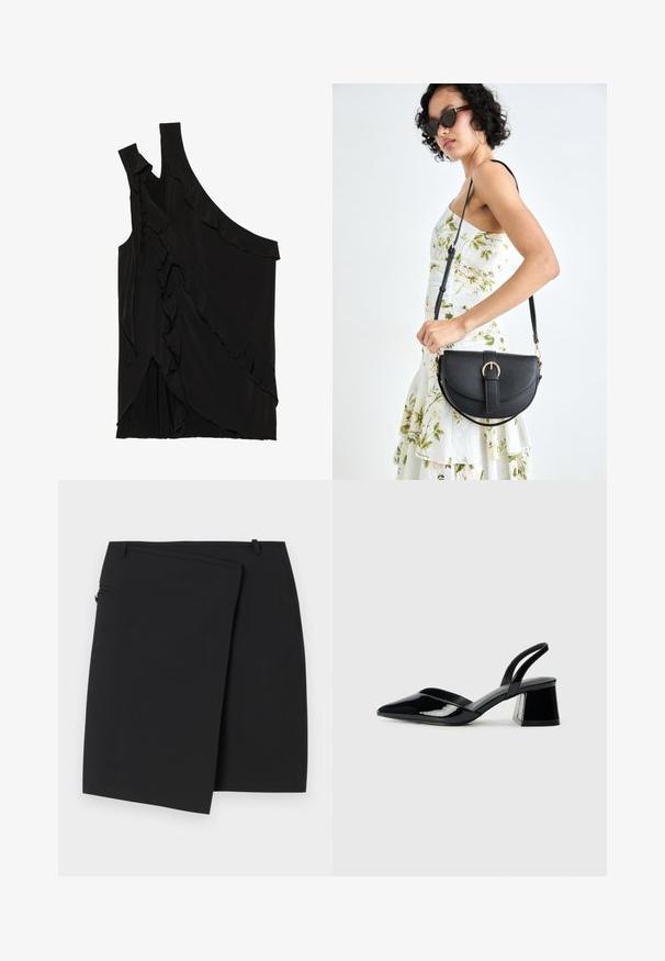 Top negru asimetric dintr-un material moale, cu volane pe o parte și un singur bretele. Textură netedă cu elemente de design drapat.; Fustă neagră, tip wrap, cu o textură netedă, dotată cu un închizător lateral și două bucle de curea. Design simplu, fără modele sau accente vizibile.; Pantofi cu toc slingback din piele lacuită neagră, cu vârf ascuțit și toc geometric. Prezintă un design elegant, minimalist și o textură netedă.; Geantă din piele neagră, cu o formă curbată, curea detașabilă și accesorii aurii. Geanta are un capac cu un detaliu tip cataramă.