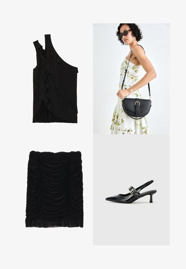 Haut asymétrique noir en tissu doux avec des volants sur le côté et une seule bretelle. Texture lisse avec des éléments de design drapés.; Mini jupe noire avec tissu froncé, présentant un design plissé et un ourlet en volants. Fabriquée en matière douce avec une texture lisse.; Escarpins slingback en cuir verni noir avec un bout pointu et un petit talon bloc, mettant en avant un accent en boucle argentée sur la sangle.; Sac à main en cuir noir avec une forme courbée, bandoulière amovible et des accessoires en or. Le sac est doté d'un rabat avec un détail de boucle.
