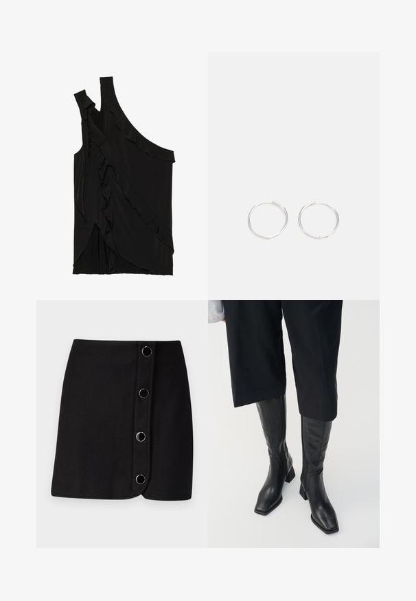 Asimetrična črna majica iz mehkega materiala s čipkami ob strani in enim naramnicom. Gladka tekstura z drapiranimi oblikovalskimi elementi.; Črna mini krila z zavitjem, ki ima pet srebrnih okroglih gumbov spredaj in gladko, mat teksturo.; Črne usnjene škornje do kolen s kvadratnim nosom in blok peto. Imajo stranski zadrgo in gladko teksturo.; Srebrne kroglice z elegantnim, okroglim oblikovanjem, z gladko površino in brez vidnih okrasnih elementov. Premer ni določen.