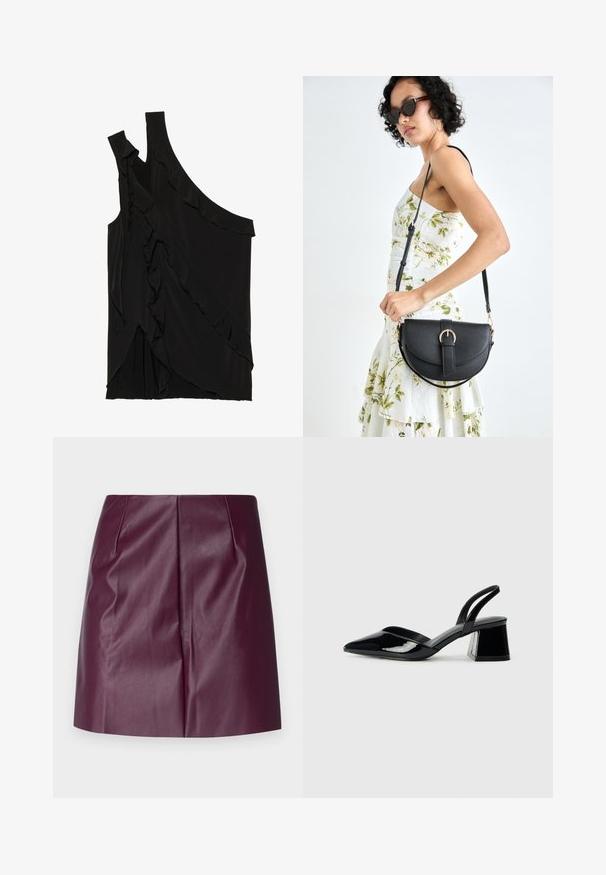 Asymetrický čierny top z jemnej tkaniny s volánmi po boku a jedným ramienkom. Hladká textúra s drapovanými dizajnovými prvkami.; Vero Moda Petite VMNELLY - sukňa v tvare A - winetasting; Čierne lakované kožené sandálové podpätky s špicatou špičkou a geometrickým blokovým podpätkom. Disponujú elegantným, minimalistickým dizajnom a hladkým povrchom.; Čierna kožená kabelka s zaobleným tvarom, odnímateľným popruhom a zlatými doplnkami. Kabelka má klopu s detailom s prackou.