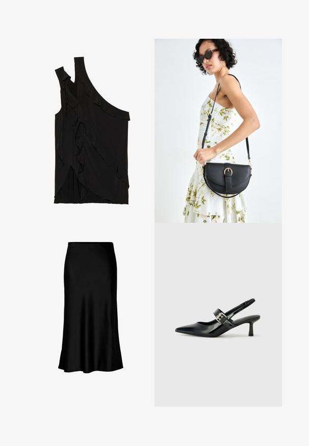 Top negru asimetric dintr-un material moale, cu volane pe o parte și un singur bretele. Textură netedă cu elemente de design drapat.; Fustă midi din satin negru, cu o textură netedă, tiv evazat și talie ajustată, având un design simplu și clasic.; Sandale cu toc din piele patent neagră, cu vârful ascuțit și un toc mic bloc, având un accent cu cataramă argintie pe curea.; Geantă din piele neagră, cu o formă curbată, curea detașabilă și accesorii aurii. Geanta are un capac cu un detaliu tip cataramă.