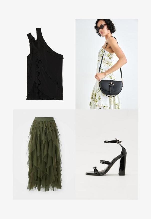 Asymmetrisches schwarzes Oberteil aus weichem Stoff mit Rüschen an der Seite und einem einzigen Träger. Glatte Textur mit drapierten Designelementen.; ONLY ONLSKY SKIRT - A-Linien-Rock - winter moss; Schwarze Lackleder-Sandalen mit hohen Absätzen, zwei Riemen mit Schnallen, quadratischer Zehenpartie und klobigem Blockabsatz, mit einer glatten, glänzenden Textur.; Schwarze Lederhandtasche mit geschwungener Form, abnehmbarem Tragegurt und goldenen Beschlägen. Die Tasche verfügt über einen Deckel mit einer Schnallen-Details.