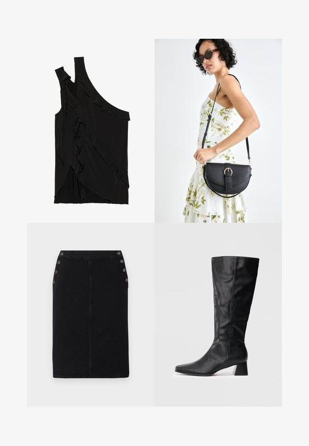 Haut asymétrique noir en tissu doux avec des volants sur le côté et une seule bretelle. Texture lisse avec des éléments de design drapés.; Jupe crayon en denim noir avec une silhouette droite, dotée de grandes boutons décoratifs sur le côté gauche et d'un détail de couture à l'avant.; Botte en cuir noire mi-mollet avec un bout pointu et un talon bloc sur fond clair.; Sac à main en cuir noir avec une forme courbée, bandoulière amovible et des accessoires en or. Le sac est doté d'un rabat avec un détail de boucle.