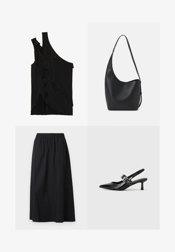 Aszimmetrikus fekete top, puha anyagból, oldalsó fodrokkal és egyetlen pánttal. Sima textúra, drapált dizájnelemekkel.; Fekete maxi szoknya könnyű anyagból, rugalmas derékpánttal és sima textúrával. Egyszerű, letisztult design, díszítések nélkül.; Fekete lakkbőr slingback sarkú cipők hegyes orral és kis blokk talppal, ezüst csat díszítéssel a pánton.; Fekete bőr hobo táska sima textúrával, ívelt formával és egyetlen állítható pánttal; széles nyílás található a tetején.