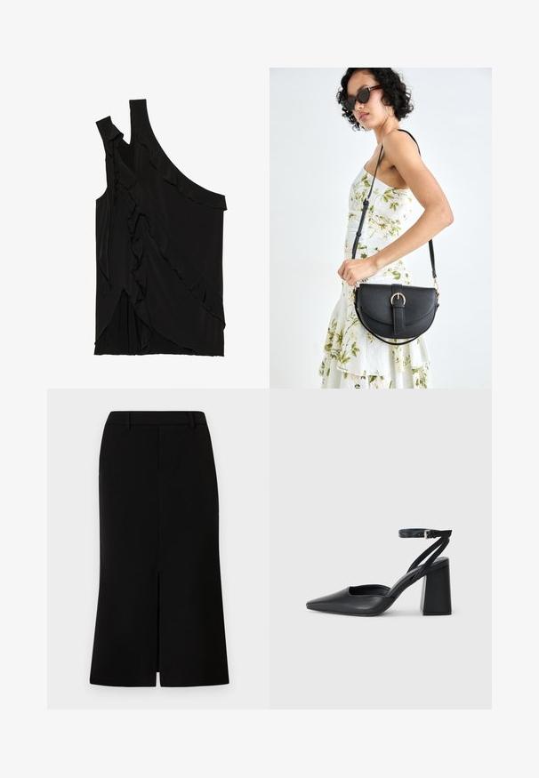 Asymmetrisches schwarzes Oberteil aus weichem Stoff mit Rüschen an der Seite und einem einzigen Träger. Glatte Textur mit drapierten Designelementen.; Schwarze knielange Rock mit gerader Silhouette, ausgestattet mit einem Schlitze vorne, glatter Textur und tailliertem Bund.; Schwarze Leder-Pumps mit spitzer Zehe, einem Knöchelriemen und einem blockigen Absatz. Flache Textur, elegantes Design und minimalistische Ästhetik.; Schwarze Lederhandtasche mit geschwungener Form, abnehmbarem Tragegurt und goldenen Beschlägen. Die Tasche verfügt über einen Deckel mit einer Schnallen-Details.