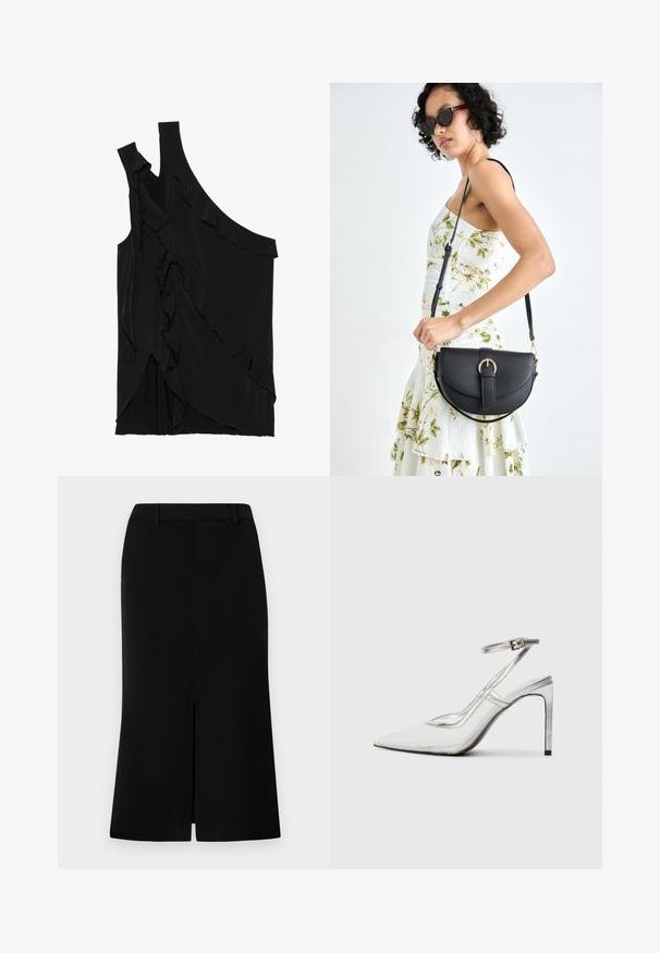 Top negro asimétrico de tejido suave con volantes a lo largo del costado y una sola tirante. Textura suave con elementos de diseño drapeados.; Falda negra hasta la rodilla con una silueta recta, que presenta una abertura frontal, una textura suave y una cintura entallada.; Zapato de tacón stilettos transparente con punta afilada, material transparente, detalles metálicos en plata y correa ajustable en el tobillo.; Bolso de piel negra con forma curva, correa desmontable y herrajes dorados. El bolso cuenta con una solapa con un detalle de hebilla.