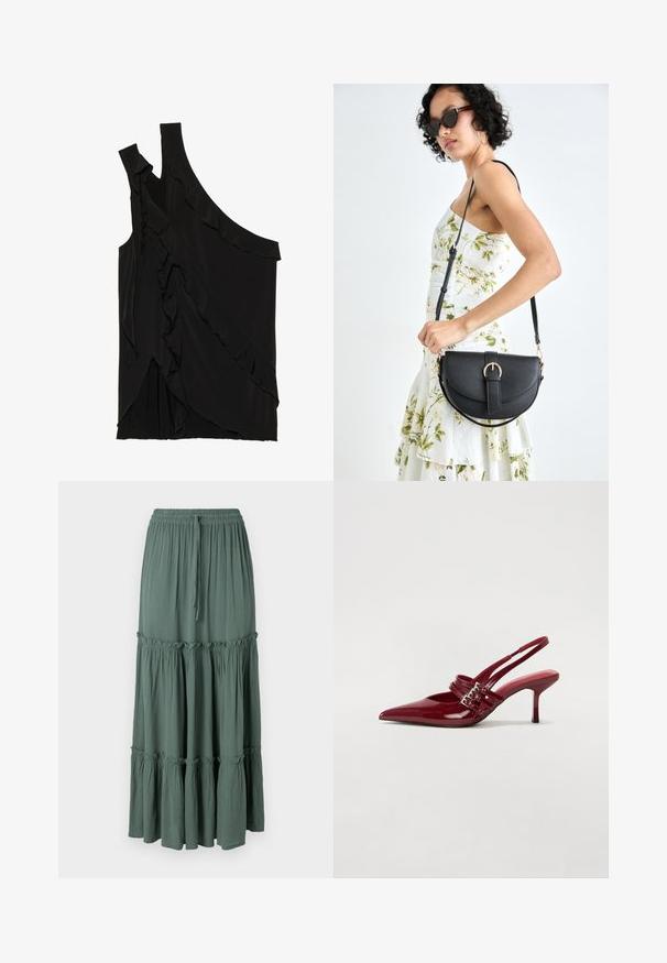 Top negru asimetric dintr-un material moale, cu volane pe o parte și un singur bretele. Textură netedă cu elemente de design drapat.; Fustă lungă, în straturi, de culoare verde pal. Fabricată dintr-un material ușor, cu talie elastică și șnur de ajustare, având accente volan la cusături.; Pantofi cu toc slingback din piele roșie lacuită, cu vârf ascutit, două curele cu cataramă și un toc subțire, de înălțime medie. Textură netedă.; Geantă din piele neagră, cu o formă curbată, curea detașabilă și accesorii aurii. Geanta are un capac cu un detaliu tip cataramă.
