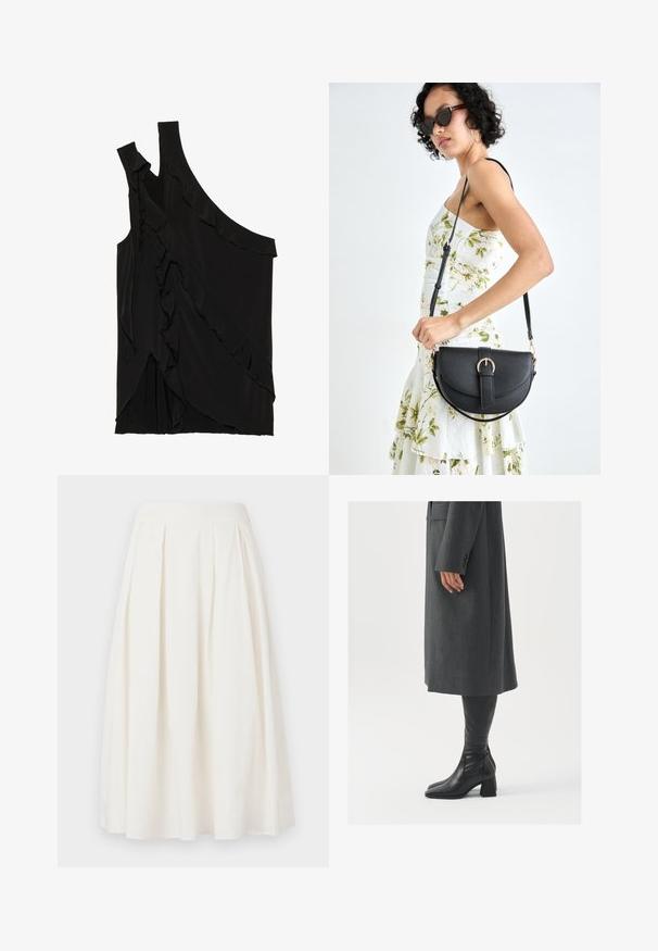 Asymmetrisk sort top i blødt stof med flæser langs siden og en enkelt strop. Glat tekstur med draperede designelementer.; Hvid plisseret nederdel lavet af bomuld, med et mellemlangt design, glat talje og A-linje silhuet.; Grå, skræddersyet frakke med lige snit; parret med knæhøje sorte læderstøvler med firkantet tå og kraftig hæl.; Sort læderhåndtaske med en buet form, aftagelig rem og guldfinish. Tasken har en klap med en spænde detalje.