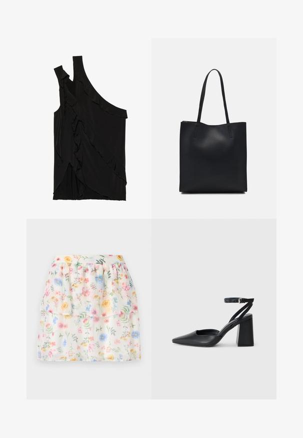 Asimetrična crna majica od mekog materijala s volanima sa strane i jednim remenom. Glatka tekstura s drapiranim dizajnerskim elementima.; Bijela suknja s cvjetnim uzorkom s višestrukim slojevima koja sadrži pastelne cvjetove sa zelenim naglaskom. Izrađena od lagane tkanine, s nabranim strukom.; Crne kožne cipele s špicastim vrhom, remenom oko gležnja i debelim potplatom. Ravna tekstura, elegantan dizajn i minimalistička estetika.; Crna kožna torba za nošenje s glatkom teksturom, pravokutnim oblikom i dvije duge ručke. Nema vidljivih metalnih dijelova ili ukrasa.