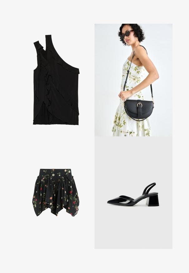 Ujevn svart topp i myk stoff med volanger langs siden og en enkelt stropp. Jevn tekstur med drapert design.; Svart blomstret skjørt laget av lett stoff, med volangdesign med rosa, røde og hvite roser, og en unik asymmetrisk nederkant.; Svarte patentlær slingback hæler med spiss tå og geometrisk blokk hæl. Har et stilrent, minimalistisk design og jevn tekstur.; Svart lærveske med en buet form, avtagbar stropp og gullbeslag. Vesken har et klaff med spenne-detall.