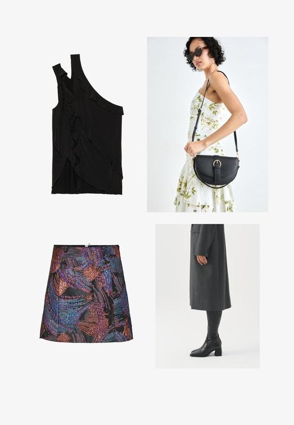 Asymetrický čierny top z jemnej tkaniny s volánmi po boku a jedným ramienkom. Hladká textúra s drapovanými dizajnovými prvkami.; Metalická mini sukňa s textúrovaným vzorom v živých odtieňoch purpurovej a bronzovej, so základom v čiernej farbe a dekoratívnymi gombíkmi na pásiku.; Sivý, strihovo upravený kabát so rovnými líniami; doplnený o čierne kožené čižmy po kolená s štvorcovou špičkou a robustným podpätkom.; Čierna kožená kabelka s zaobleným tvarom, odnímateľným popruhom a zlatými doplnkami. Kabelka má klopu s detailom s prackou.