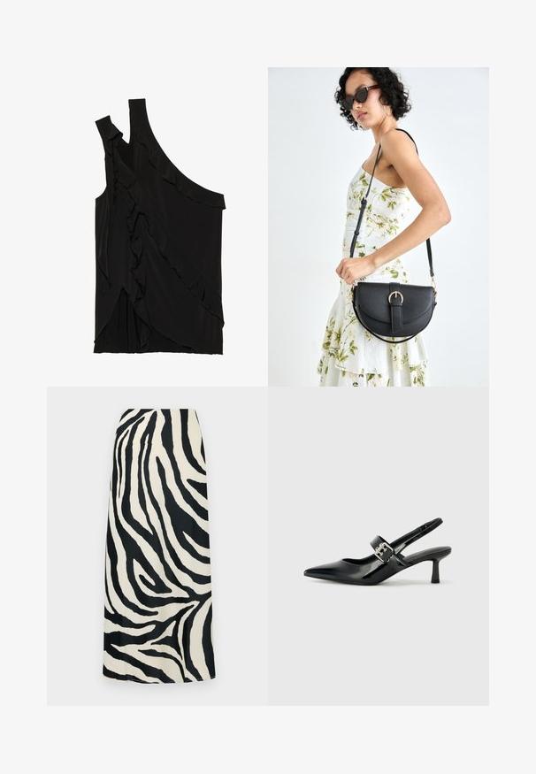 Haut asymétrique noir en tissu doux avec des volants sur le côté et une seule bretelle. Texture lisse avec des éléments de design drapés.; Jupe maxi à rayures zèbre en noir et blanc, avec une texture lisse, dotée d'une taille haute et d'une silhouette droite.; Escarpins slingback en cuir verni noir avec un bout pointu et un petit talon bloc, mettant en avant un accent en boucle argentée sur la sangle.; Sac à main en cuir noir avec une forme courbée, bandoulière amovible et des accessoires en or. Le sac est doté d'un rabat avec un détail de boucle.