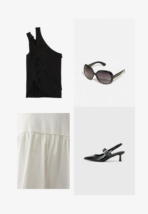 Ebaasne must ülasärk pehmest kangast, rippuvate frillide ja ühe rihmaga. Sile tekstuur, millel on drapeeritud disainielemendid.; THE FATED PARLOUR - Miniseelik - ivory; Mustad patenteeritud nahast sildiga kontsad, millel on terav nina ja väike plokk-konts, mille rihmal on hõbedane pandla aksessuaar.; Mustad mustra prillid, millel on suuremahuline ümar raam. Läätsed degradeeruvad tumedast heledani. Omab sujuvat, läikivat viimistlust ja diskreetseid logo aktsente peades.