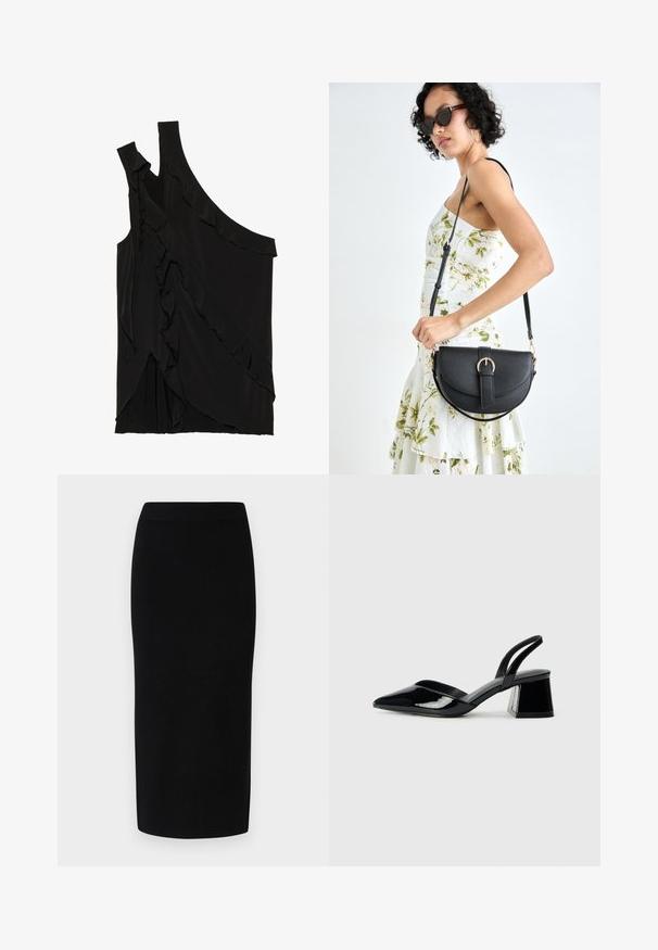 Asymmetrisches schwarzes Oberteil aus weichem Stoff mit Rüschen an der Seite und einem einzigen Träger. Glatte Textur mit drapierten Designelementen.; Schwarzer Strick-Midirock mit einer taillierten Silhouette, ausgestattet mit einem breiten elastischen Bund und glatter Textur, ohne erkennbare Muster oder Akzente.; Schwarze Lackleder-Slingback-High Heels mit spitzem Schuh und einem geometrischen Blockabsatz. Verfügt über ein schlankes, minimalistisches Design und eine glatte Textur.; Schwarze Lederhandtasche mit geschwungener Form, abnehmbarem Tragegurt und goldenen Beschlägen. Die Tasche verfügt über einen Deckel mit einer Schnallen-Details.