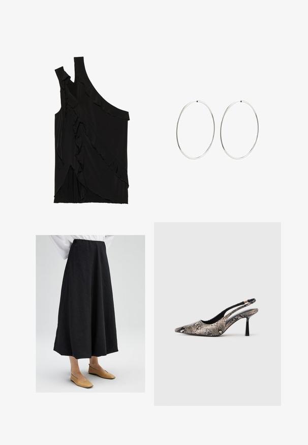 Asimetrična crna majica od mekog materijala s volanima sa strane i jednim remenom. Glatka tekstura s drapiranim dizajnerskim elementima.; Crna midi suknja s teksturiranom površinom, koja ima elastičnu liniju struka i lepršavi oblik. Uparena s bež ravnim cipelama.; Cipele s otvorenom petom i špicastim prstom izrađene od teksturiranog materijala sa uzorkom zmijske kože, s tankim crnim potplatom i izrezanim dizajnom sa strane.; Srebrne naušnice od obruča s glatkim, okruglim dizajnom i poliranim završetkom. Tanak su i lagani, s jednostavnim zatvaranjem.