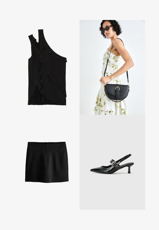 Haut asymétrique noir en tissu doux avec des volants sur le côté et une seule bretelle. Texture lisse avec des éléments de design drapés.; Jupe noire en forme A en tissu lisse, dotée d'une fermeture éclair au dos et de détails de couture minimaux. Design simple sans motifs ni embellissements.; Escarpins slingback en cuir verni noir avec un bout pointu et un petit talon bloc, mettant en avant un accent en boucle argentée sur la sangle.; Sac à main en cuir noir avec une forme courbée, bandoulière amovible et des accessoires en or. Le sac est doté d'un rabat avec un détail de boucle.