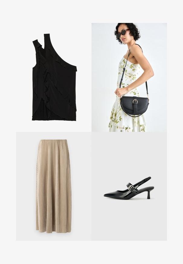 Asimetrična črna majica iz mehkega materiala s čipkami ob strani in enim naramnicom. Gladka tekstura z drapiranimi oblikovalskimi elementi.; Plisirana bež midi krila z elastičnim pasom, ki ima vertikalne črte in tekočo silhueto za lažje gibanje.; Črne patent usnjene slingback pete s koničastim nosom in majhnim blok peto, ki vključujejo srebrno zaponko na traku.; Črna usnjena torbica s ukrivljeno obliko, z odstranljivo naramnico in zlatimi dodatki. Torbica ima pokrov s podrobnostmi v obliki zaponke.