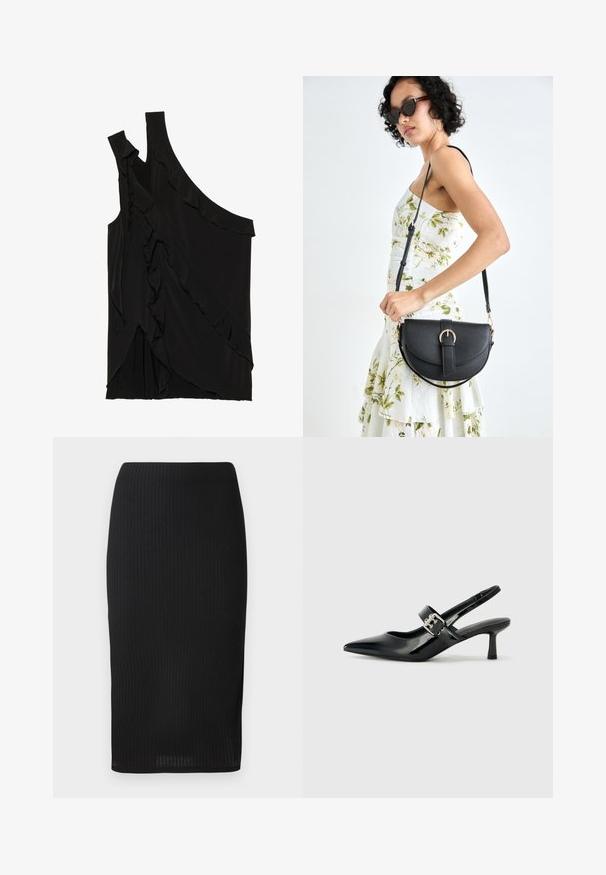 Asimetrična crna majica od mekog materijala s volanima sa strane i jednim remenom. Glatka tekstura s drapiranim dizajnerskim elementima.; Crna rebrasta olovka suknja u uskom dizajnu, s glatkom teksturom i krojem do koljena. Običan pojas bez ukrasnih detalja.; Crne lakirane slingback potpetice s oštrim prstom i malom blok petom, s naglaskom na srebrnoj kopči na remenu.; Crna kožna torba s lukovitim oblikom, odvojivim remenom i zlatnim detaljima. Torba ima preklop s kopčom.