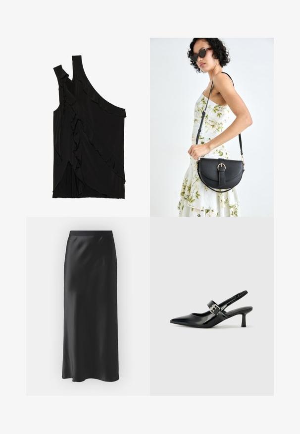 Haut asymétrique noir en tissu doux avec des volants sur le côté et une seule bretelle. Texture lisse avec des éléments de design drapés.; Gina Tricot ELASTIC MIDI SKIRT - Jupe longue - black; Escarpins slingback en cuir verni noir avec un bout pointu et un petit talon bloc, mettant en avant un accent en boucle argentée sur la sangle.; Sac à main en cuir noir avec une forme courbée, bandoulière amovible et des accessoires en or. Le sac est doté d'un rabat avec un détail de boucle.