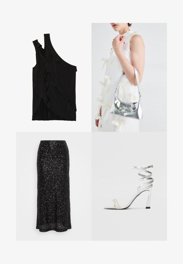 Aszimmetrikus fekete top, puha anyagból, oldalsó fodrokkal és egyetlen pánttal. Sima textúra, drapált dizájnelemekkel.; Fekete flitteres midi szoknya, melynek testhez simuló fazonja van. Simává varrott bélés, enyhe szórással az alján és csillogó felületi textúra.; Ezüst színű, magas sarkú szandál, csillogó pánt dizájnnal, gyöngyszerű díszítéssel és spirális bokapánttal a biztos illeszkedés érdekében.; Ezüst fémes kézitáska, struktúrált formával, felső fogantyúval és masnis részlettel az elején. Simaságával és fényes felületével tűnik ki.