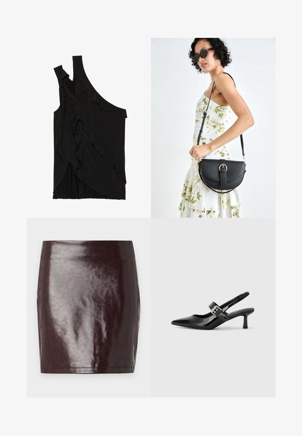Top preto assimétrico em tecido suave, apresentando folhos ao longo do lado e uma única alça. Textura lisa com elementos de design drapeado.; Saia mini de imitação de pele bordô com uma textura lisa e brilhante e uma silhueta ajustada. Apresenta linhas limpas e uma bainha reta.; Saltos slingback em verniz preto com bico pontiagudo e um pequeno salto bloco, apresentando um detalhe de fivela prateada na tira.; Bolsa de couro preta com forma curva, alça destacável e detalhes em dourado. A bolsa possui uma aba com detalhe de fivela.