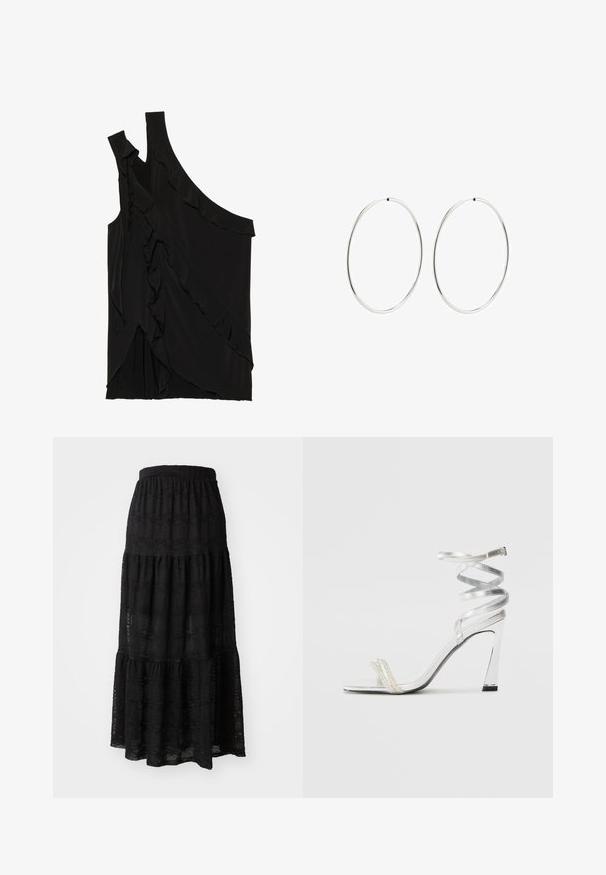 Ebaasne must ülasärk pehmest kangast, rippuvate frillide ja ühe rihmaga. Sile tekstuur, millel on drapeeritud disainielemendid.; Must mustriba mustriba tekstuurne kangas, millel on kihtide disain, kokku lohistaud vöö ja peened lainemustrid kogu ulatuses.; Hõbedased kõrge kontsaga sandaalid läikiva rihma disainiga, millel on pärlilaadne aktsent ja keerduv pahkluu rihm turvaliseks sobivuseks.; Hõbedased rõngaskõrvarõngad, millel on sujuv, ümmargune disain ja poleeritud viimistlus. Need on õhukesed ja kerged, omades lihtsat klambrit.