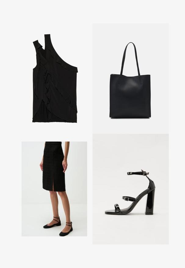 Haut asymétrique noir en tissu doux avec des volants sur le côté et une seule bretelle. Texture lisse avec des éléments de design drapés.; Jupe crayon noire en tissu texturé, longueur genou, avec une fente à l'avant, associée à des chaussures plates noires à brides de cheville.; Sandales à talons vernies noires avec un bout carré, des sangles autour de la cheville et des boucles en argent. Dotées d'un talon bloc épais pour plus de stabilité.; Sac fourre-tout en cuir noir avec une texture lisse, de forme rectangulaire et deux longues poignées. Pas de matériel ou d'ornementations visibles.